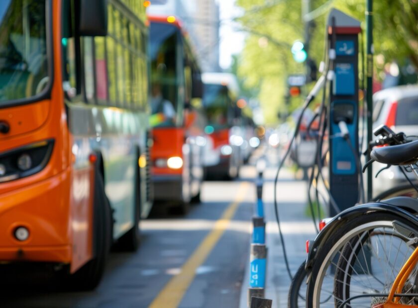 A city street lined with ecofriendly public transportation options including electric buses bike sharing stations and electric car rental services demonstrating a commitment to sustainable